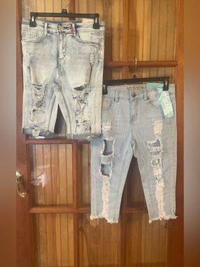 2 for $13 Light Blue Distressed Denim Cropped Shorts for Women